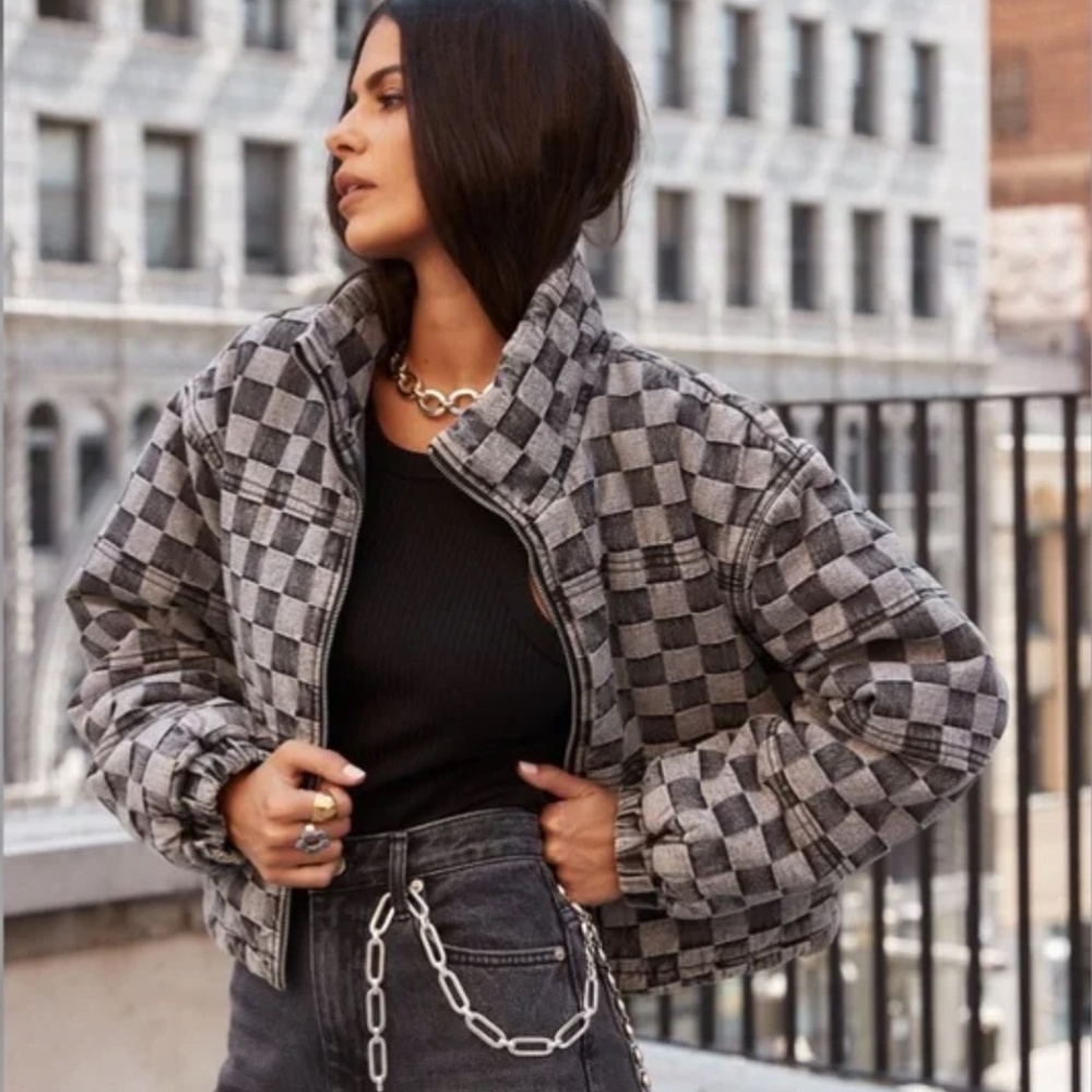 12th Tribe Checkered Crop Denim Coat Size M